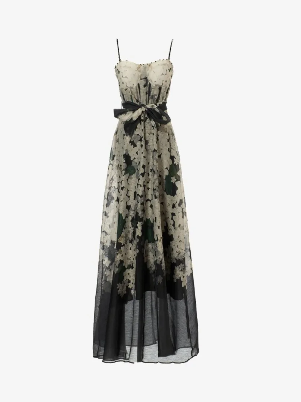 Black Floral Sweetheart Corset Maxi Evening Dress with Sash - Picture 7 of 7